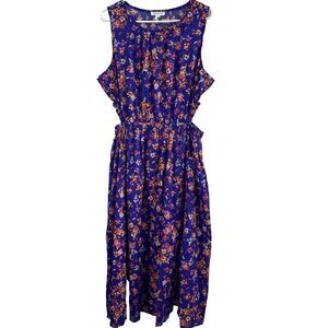 Beach Lunch Lounge Dress SZ XL Blue Floral Vacation Cotton Side Cut-Outs long